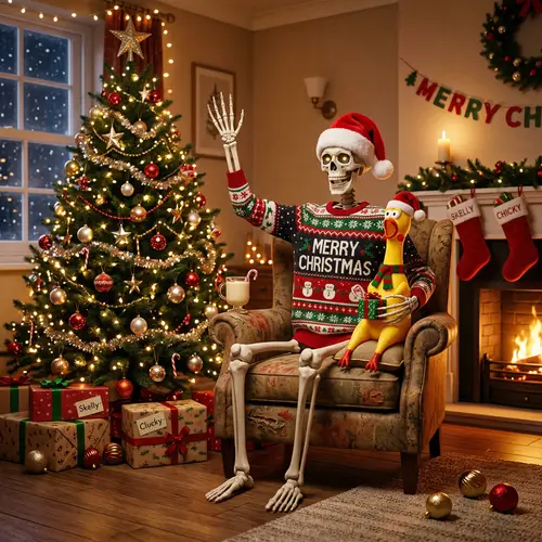 Rubber Chicken & Skeleton: Unique Christmas Celebration