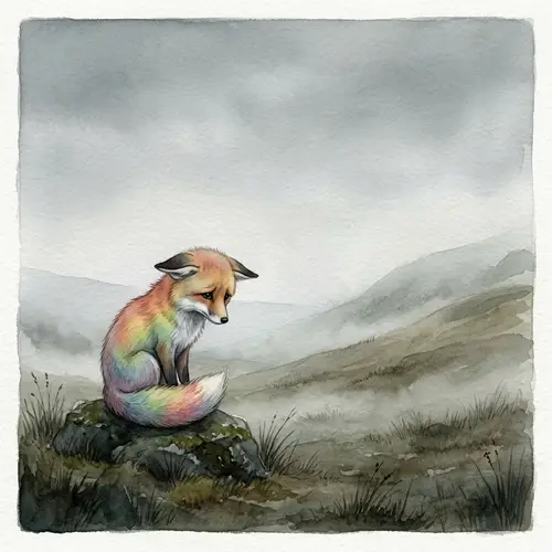 Sad and Lonely Small Rainbow Fur Fox - Minimalist Depiction