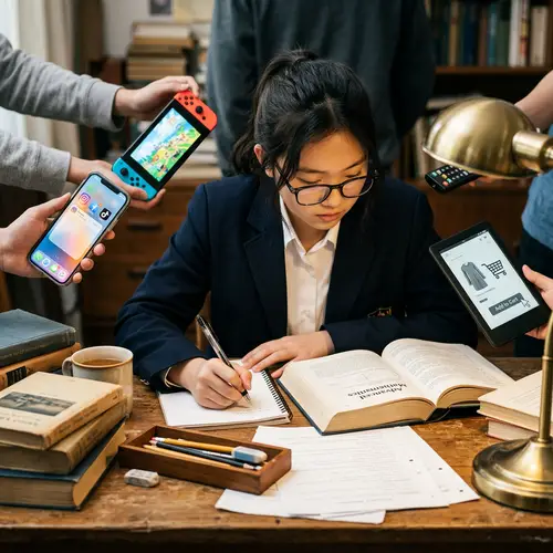 Asian Girl Focused on Studies Surrounded by Modern Distractions