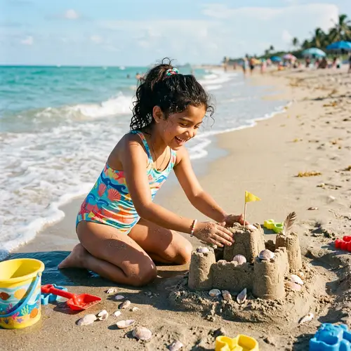 Colorful Seashell Swimsuit: Joyful Beach Day for 8-Year-Old Girl