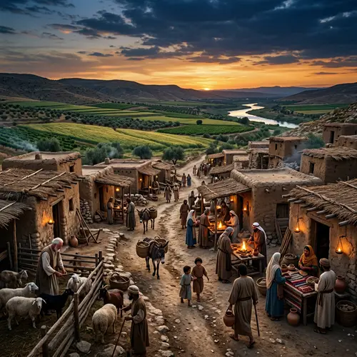 Ancient Village Life: Thatched Houses & Verdant Fields