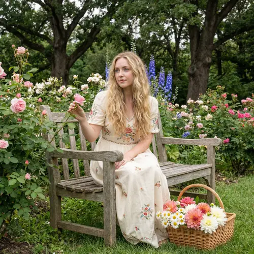 Meet Delilah: Enchanting Woman in Garden with Wavy Blonde Hair