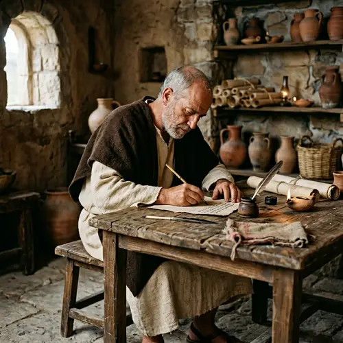 Apostle Paul: Ancient Scholar Writing on Parchment Table