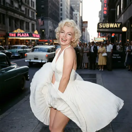 Platinum Blonde Hollywood Actress in White Dress on City Street