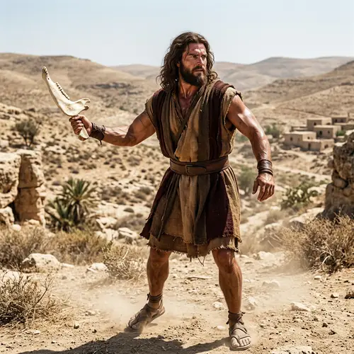 Muscular Man in Biblical Garments with Jawbone Strength