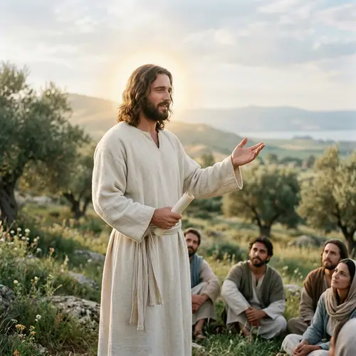Traditional Depiction of Jesus Teaching with Halo and White Robe