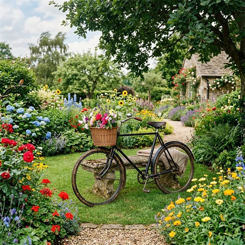 Tranquil Garden with Vintage Bicycle and Colorful Flora Tranquil Garden with Vintage Bicycle and Colorful Flora