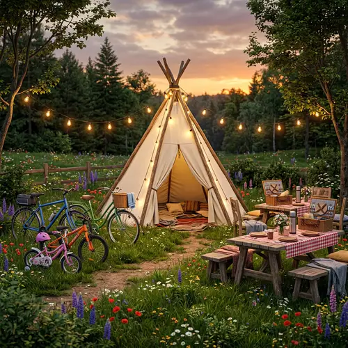 3D Model of Outdoor Scene with Teepee Tent, Bicycles & Decor
