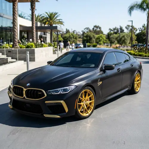 Matte Black BMW M8 Competition with Golden Wheels and Details