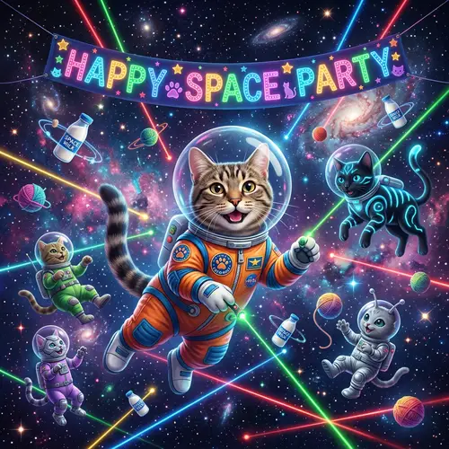 Cat Space Party: Adorable Feline Soiree in Deep Space