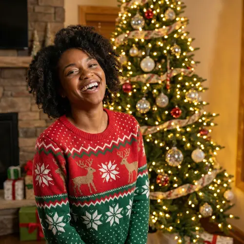 Cheerful African American Woman in Cozy Christmas Sweater