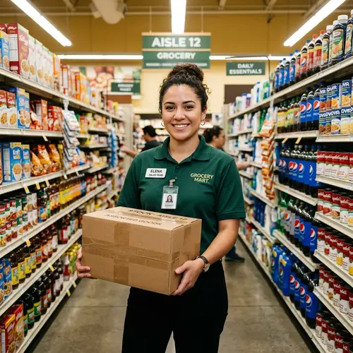 Confident Hispanic Sales Worker in Green Uniform