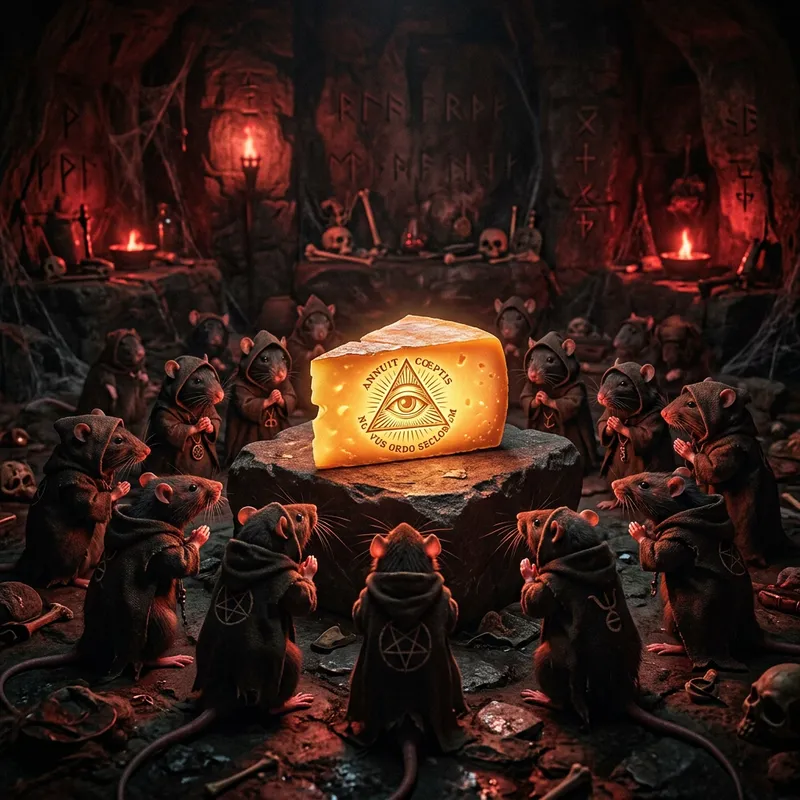 Satanic Rats Revering Eerie Cheese - Illuminati Scene Satanic Rats Revering Eerie Cheese - Illuminati Scene