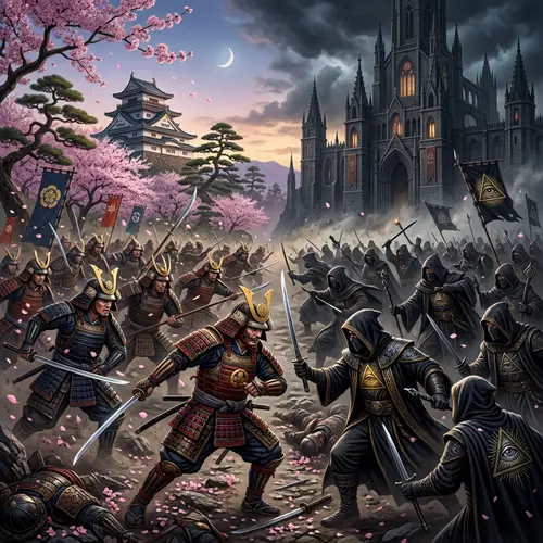 Samurai Warriors vs Illuminati: Cosmic Clash in Fantastical Landscape