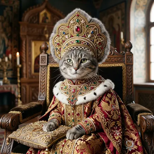 Royal Grey Tabby Cat in Russian Kokoshnik Attire