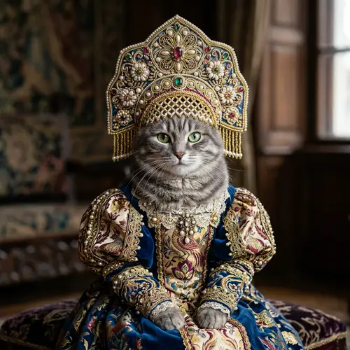 Portrait of a Female Grey Tabby Cat in Kokoshnik Hat
