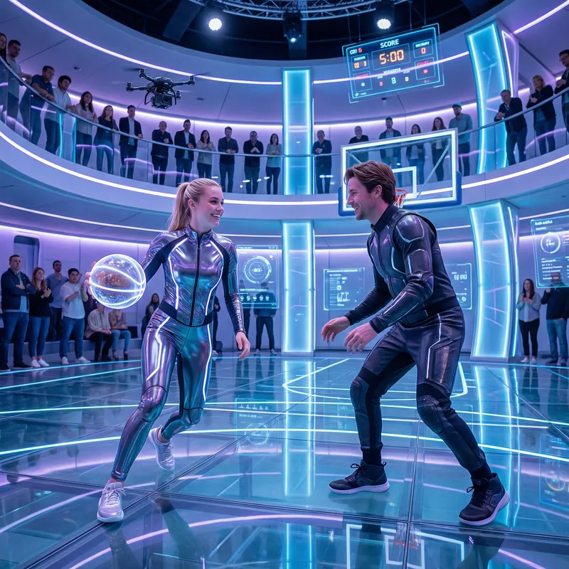 Futuristic Basketball Match: Energetic 20-Year-Old Woman vs 25-Year-Old Man