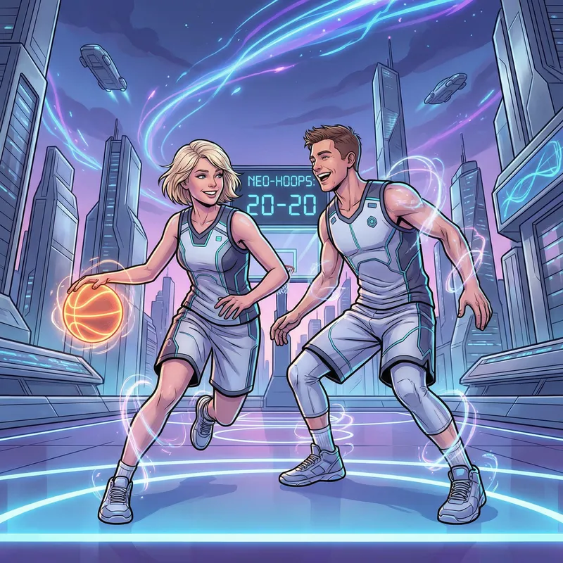 Futuristic Basketball Game with Happy Young Couple