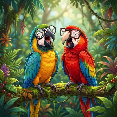 Two Digital Macaws Laughing with Nerdy Glasses