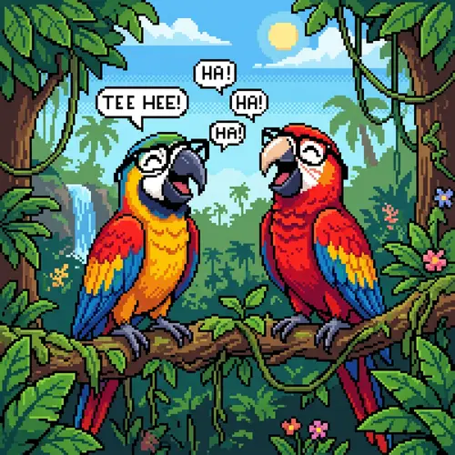 Female Macaws Laughing with Nerdy Glasses in 8-Bit Style
