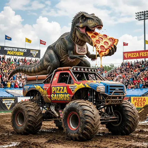T-Rex Dinosaur Enjoying Pizza on a Monster Truck