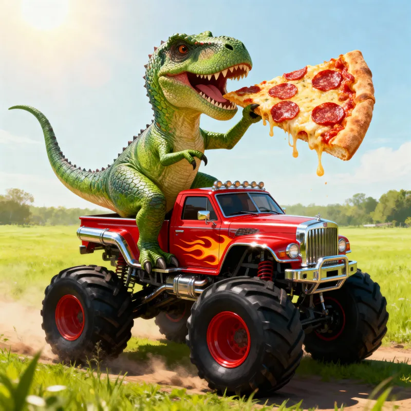T-Rex Dinosaur Enjoying Pizza on a Monster Truck