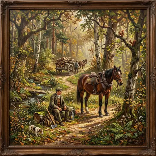 Beautiful Forest Oil Painting with a Horse