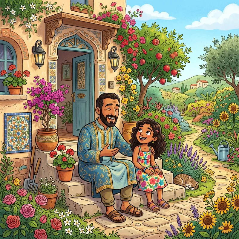 Father and Daughter Chatting in Colorful Garden Setting Father and Daughter Chatting in Colorful Garden Setting