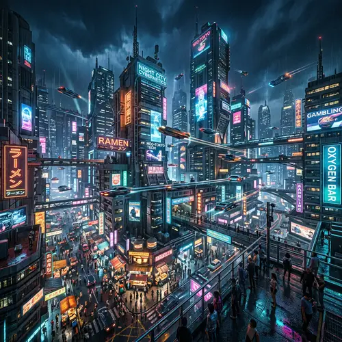 Futuristic Cyberpunk Cityscape with Neon Lights and Aerial Automobiles