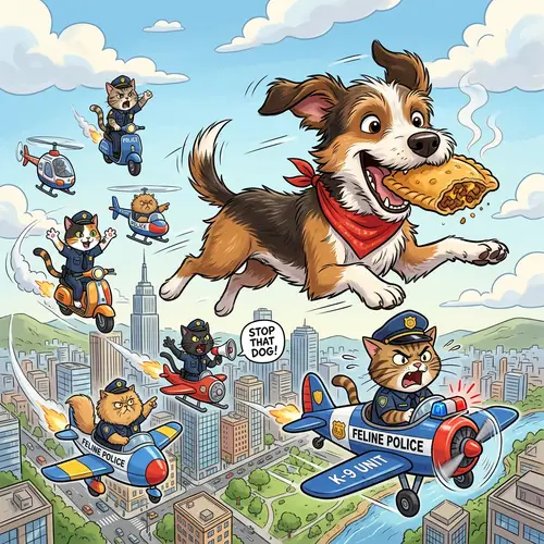 Flying Dog Comic: Hilarious Cat Police Chase in Cityscape