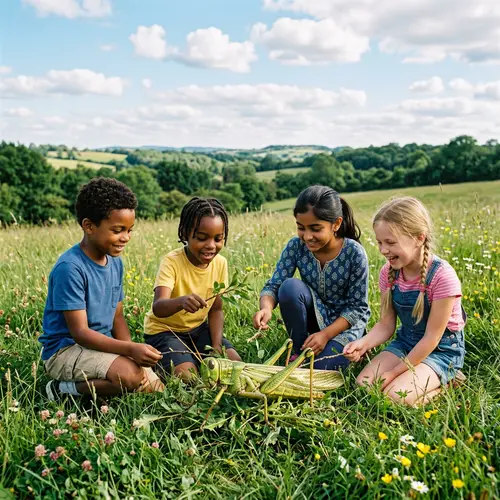 Diverse Children Play with Giant Grasshopper in Sunlit Field