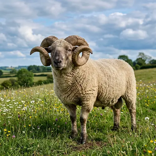 Majestic Ram Standing in Meadow with Curly Horns | Wildlife Art