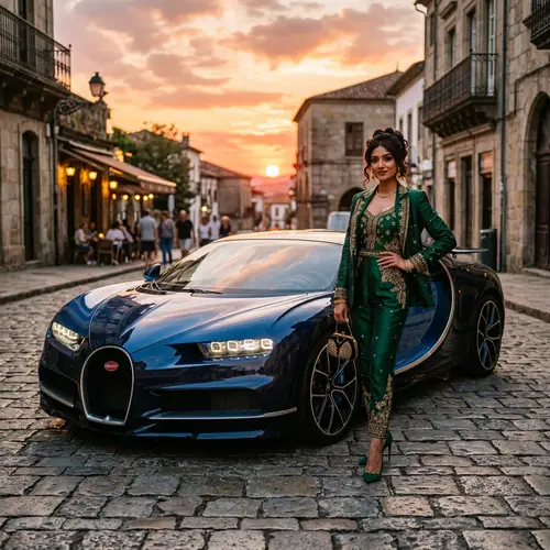 Luxurious Bugatti Car Parked on Sunset Cobblestone Street