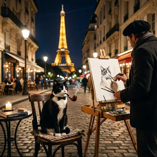 Tuxedo Cat in Paris: Elegantly Puffing a Pipe | Enchanting Scene