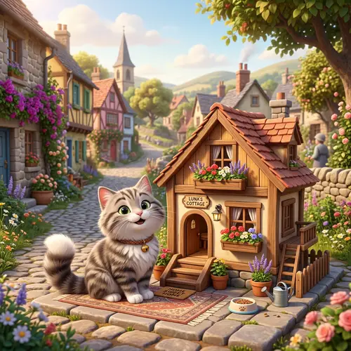3D Cat Animation with Village Background
