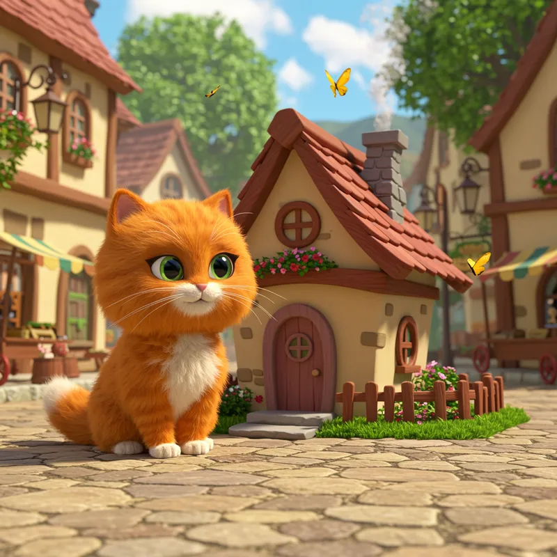 3D Cat Animation with Village Background
