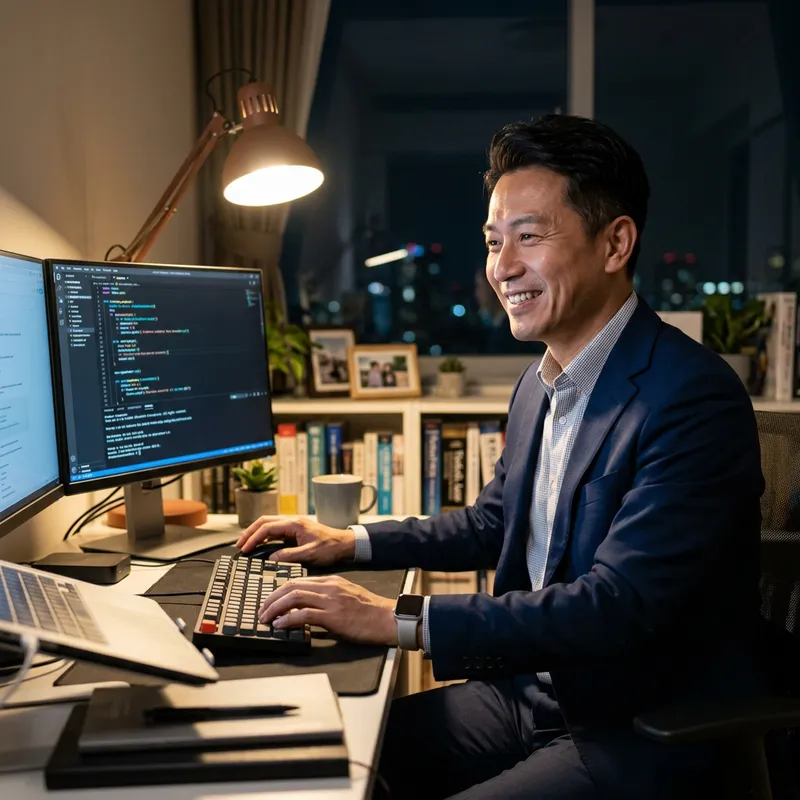 Confident Programmer Coding at Night