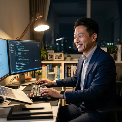 Confident Programmer Coding at Night