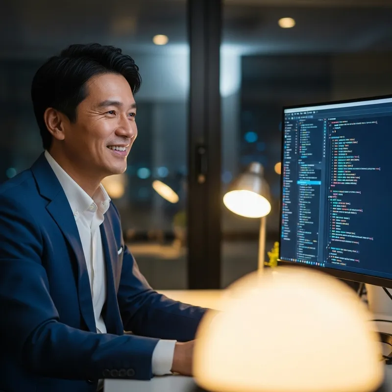 Confident Programmer Coding at Night