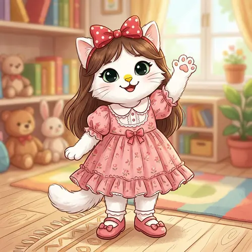 Cute Anthropomorphic White Cat with Long Brown Hair