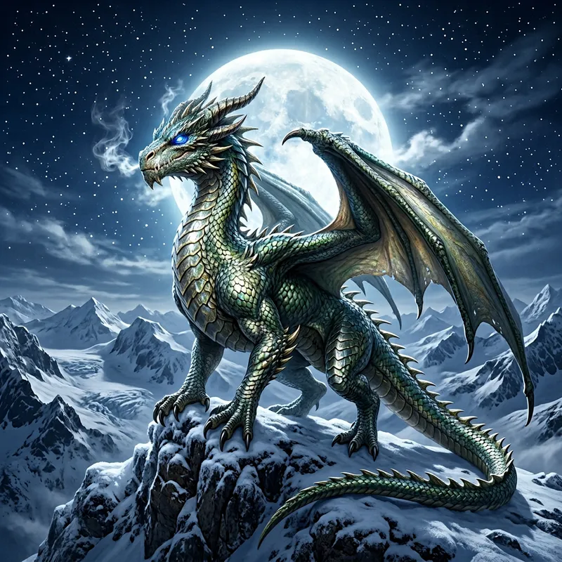 Majestic Dragon on Moonlit Mountain Peak | Enchanting Image of a Noble Beast Majestic Dragon on Moonlit Mountain Peak | Enchanting Image of a Noble Beast