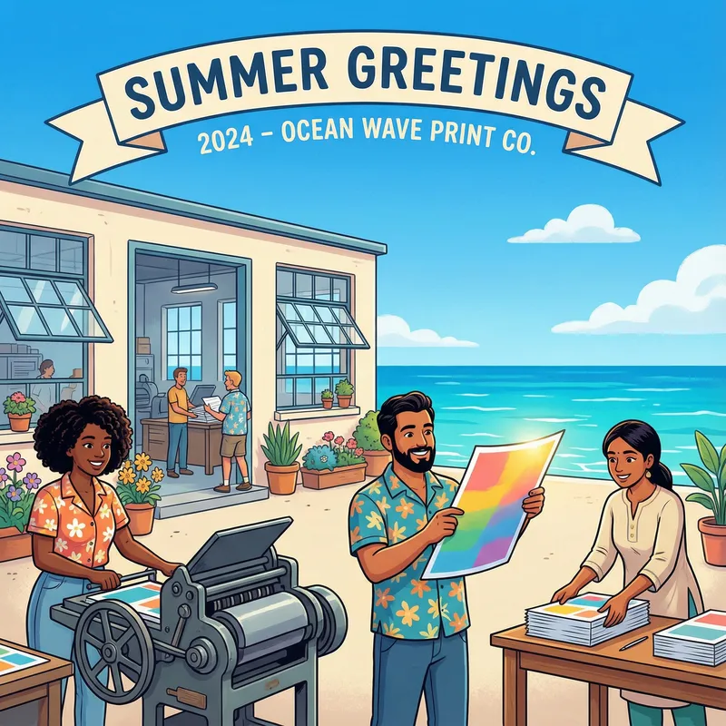 2024 Print Company Summer Greetings: Charming Scene with Diverse Workers 2024 Print Company Summer Greetings: Charming Scene with Diverse Workers