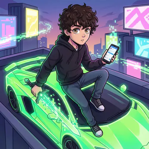 Anime Hero on Glowing Green Car with Sword