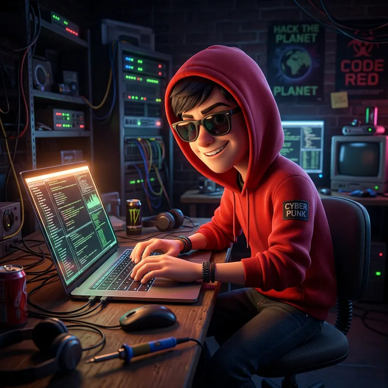 3D Pixar-Style Young Hacker in Red Hoodie 3D Pixar-Style Young Hacker in Red Hoodie