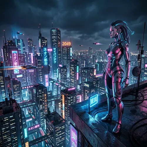 Cyberpunk Cityscape: Neon-Lit Streets and Mechanized Woman