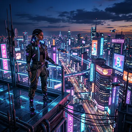 Futuristic Cityscape with Neon Lights and Cyberpunk Fashion
