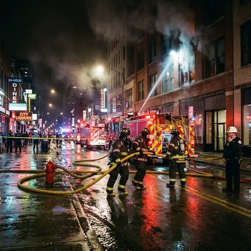 Firefighters Battle Blaze in Busy City Scene
