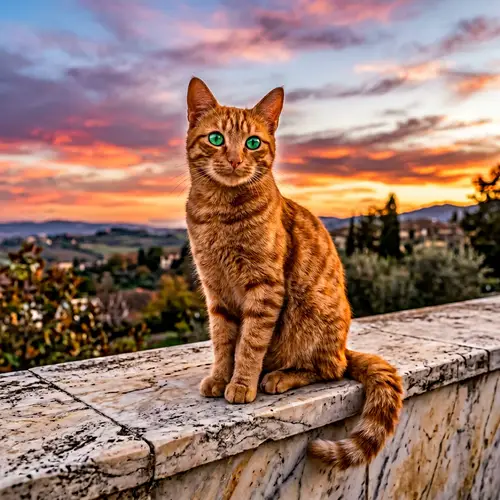 Graceful Ginger Cat on Marble Brick Wall