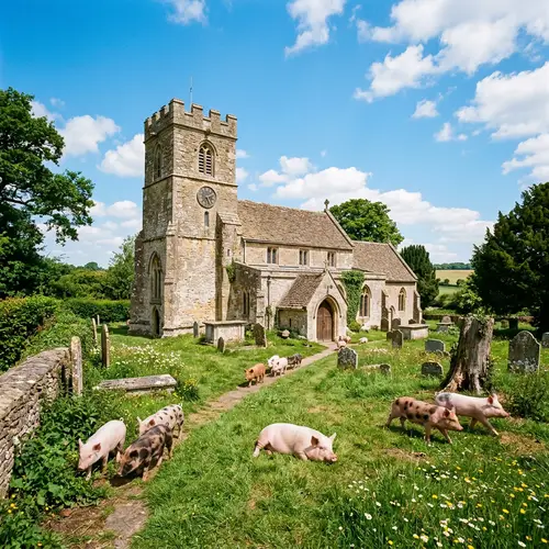 Old Stone Church with Miniature Pigs | Serene Scenery