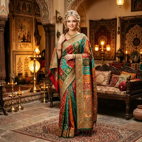 Elegant Caucasian Woman in Multicolored Saree | Traditional Indian Home